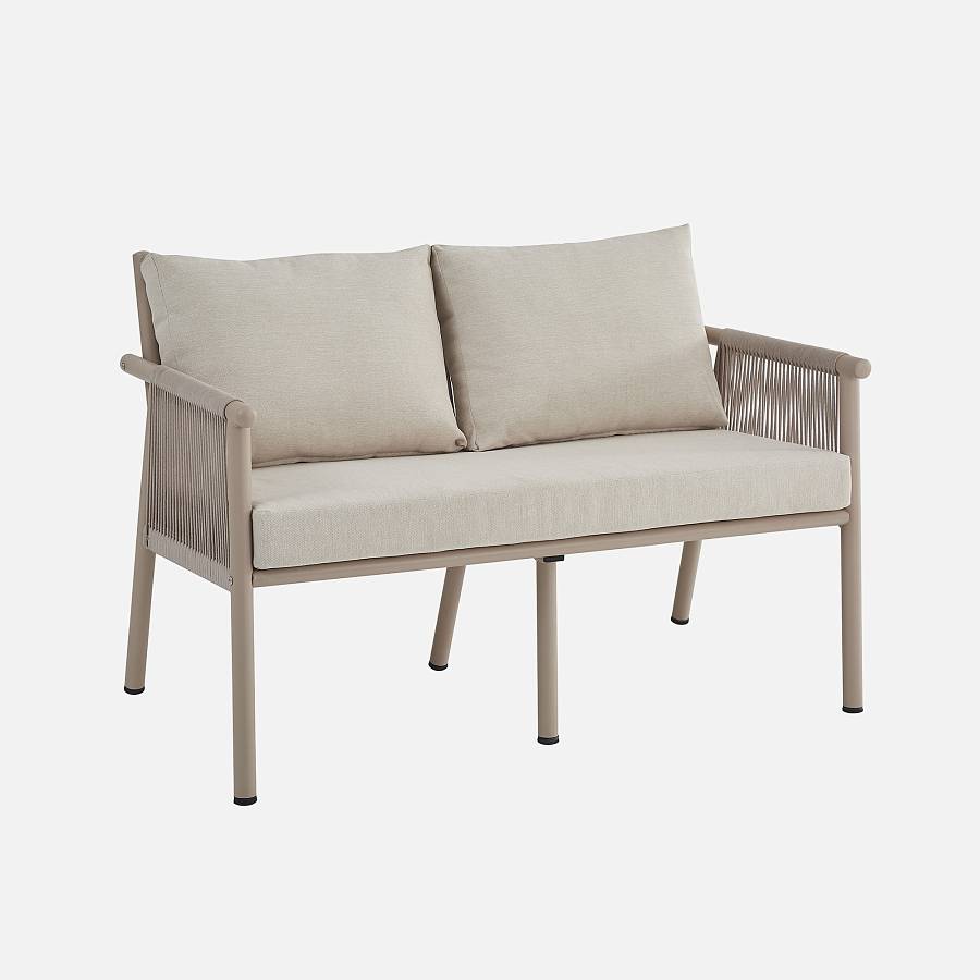 картинка Диван Корфу плетеный бежевый подушка бежевая ткань ножки бежевый металл от производителя дизайнерской мебели Deephouse