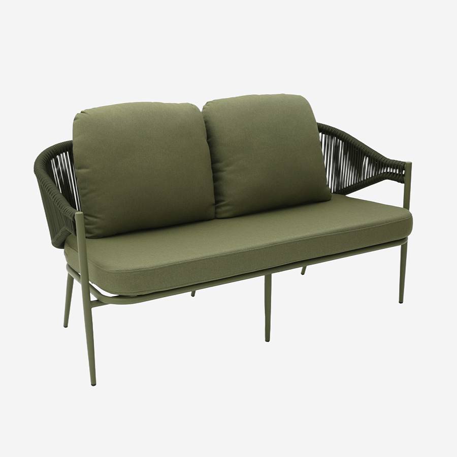картинка Диван Риччоне плетеный зеленая ткань 3 подушки зеленые ножки зеленый металл от производителя дизайнерской мебели Deephouse