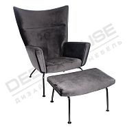 Кресло Винг с оттоманкой бархат темно-серый, ножки черные - 1