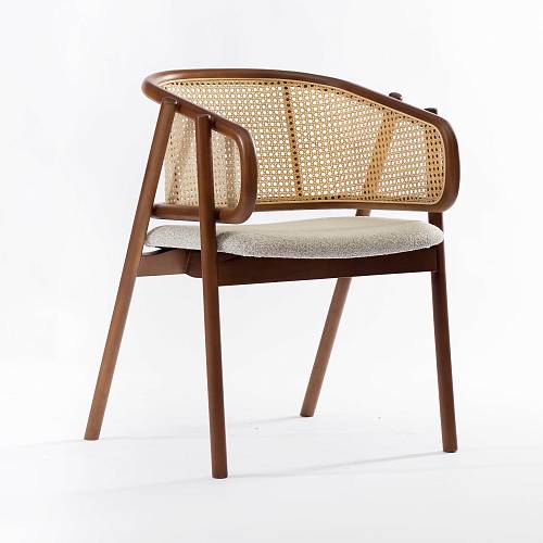 картинка Стул Шамони серая ткань спинка натуральный ротанг дерево гевея (тон орех) от производителя дизайнерской мебели Deephouse