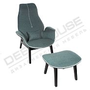 Кресло ВИШИ с оттоманкой ткань серо-голубая, ножки дерево черные массив - 1