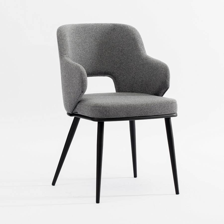 картинка Стул Трентино с подлокотниками с вырезом серая ткань ножки металл тон черный от производителя дизайнерской мебели Deephouse