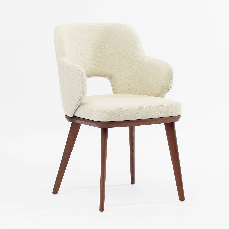 картинка Стул Трентино с подлокотниками с вырезом светло-бежевая ткань ясень тон орех (лак/матовый) от производителя дизайнерской мебели Deephouse