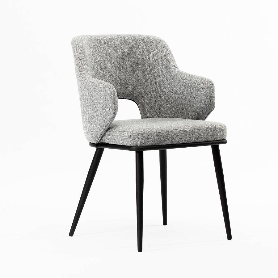 картинка Стул Трентино с подлокотниками с вырезом светло-серая ткань ножки металл тон черный от производителя дизайнерской мебели Deephouse