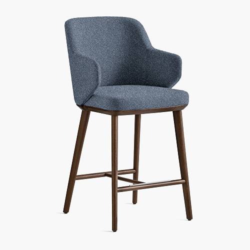 картинка Стул Трентино полубарный с подлокотниками без выреза темно-синяя ткань ясень тон орех (лак/матовый) от производителя дизайнерской мебели Deephouse