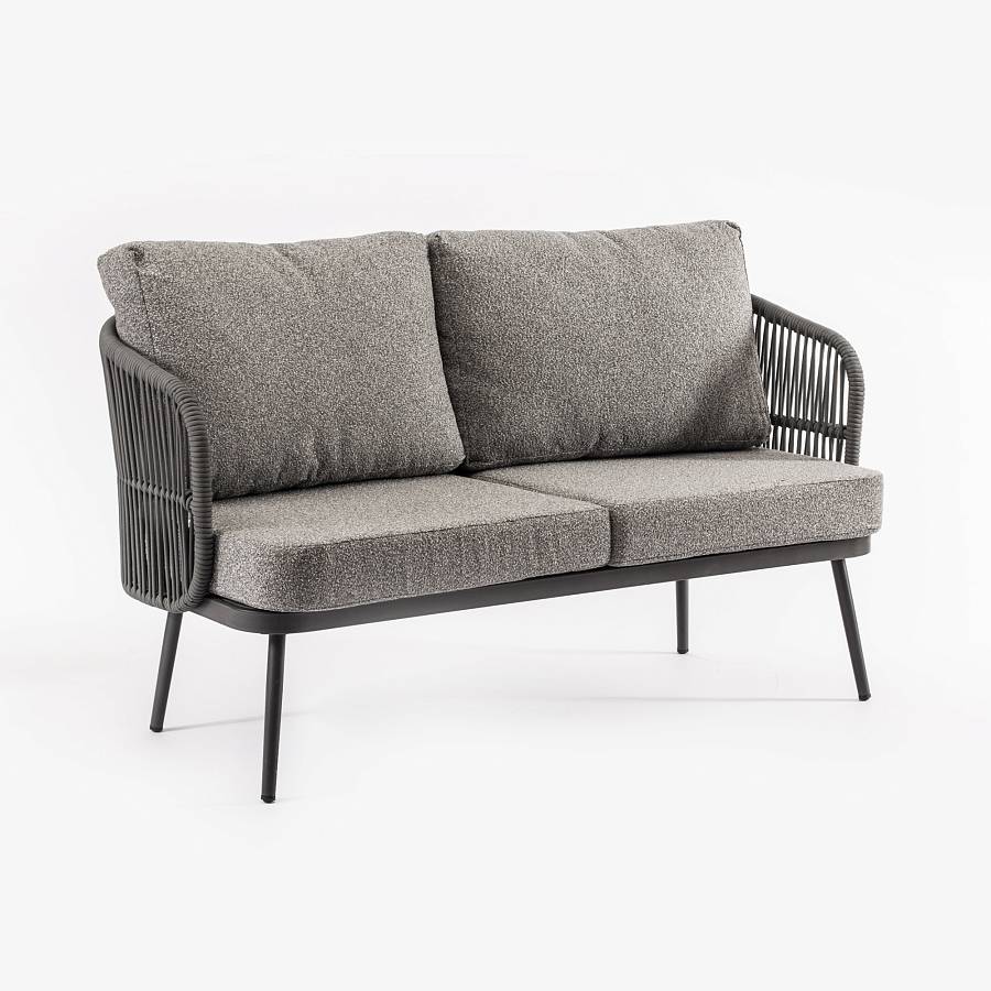 картинка Диван Портофино плетеный светло-серая ткань букле ножки светло-серый металл подушки светло-серые от производителя дизайнерской мебели Deephouse