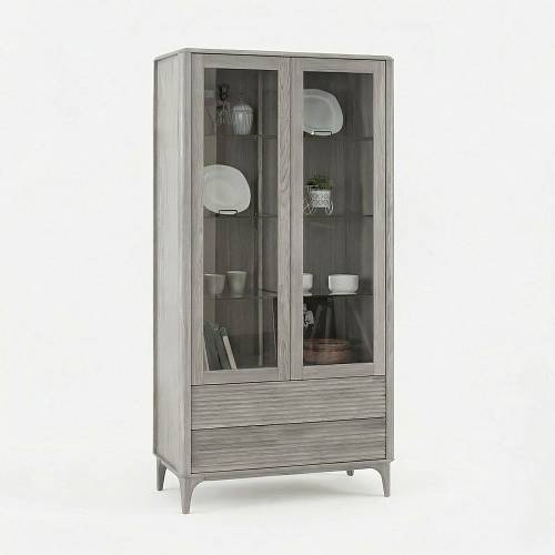 картинка Витрина Канберра 100х45х195 см, массив дуба тон серебристо-серый (масло) от производителя дизайнерской мебели Deephouse