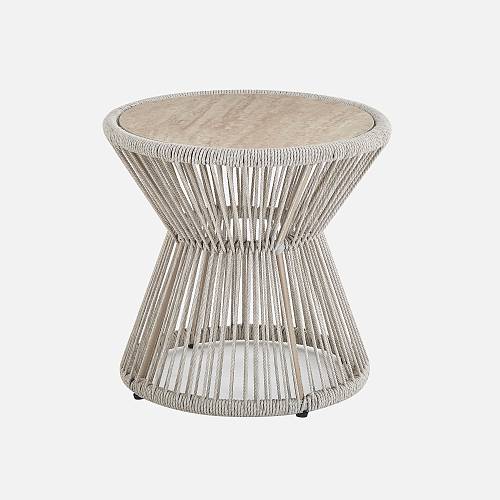 картинка Стол кофейный Кос плетеный бежевый 50*50 см столешница камень бежевый ножки металл бежевый  от производителя дизайнерской мебели Deephouse