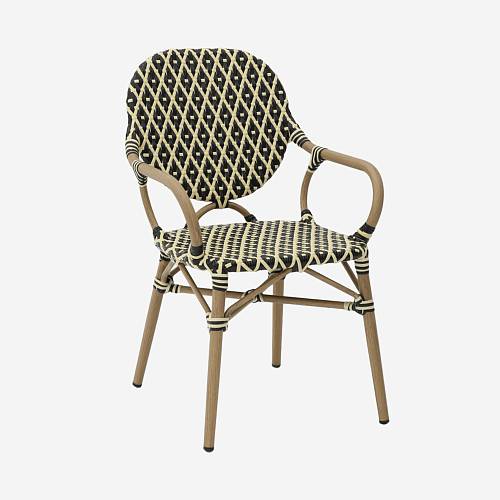 картинка Стул Маре с подлокотниками плетеный черно-бежевый ножки металл коричневые от производителя дизайнерской мебели Deephouse