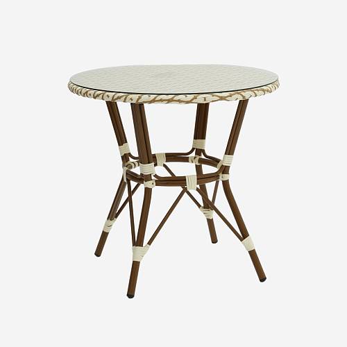 картинка Стол Маре 80*80*74 см бежево-желтый столешница стекло ножки коричневый ротанг от производителя дизайнерской мебели Deephouse