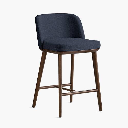 картинка Стул Трентино полубарный без подлокотников с низкой спинкой серо-синяя ткань ясень тон орех (лак/матовый) от производителя дизайнерской мебели Deephouse